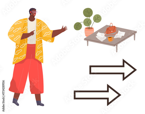 Person gesturing confidently, table with bag, cup, papers, indoor plant, bold arrows guiding direction. Ideal for communication, presentation, guidance education workflow planning motivation