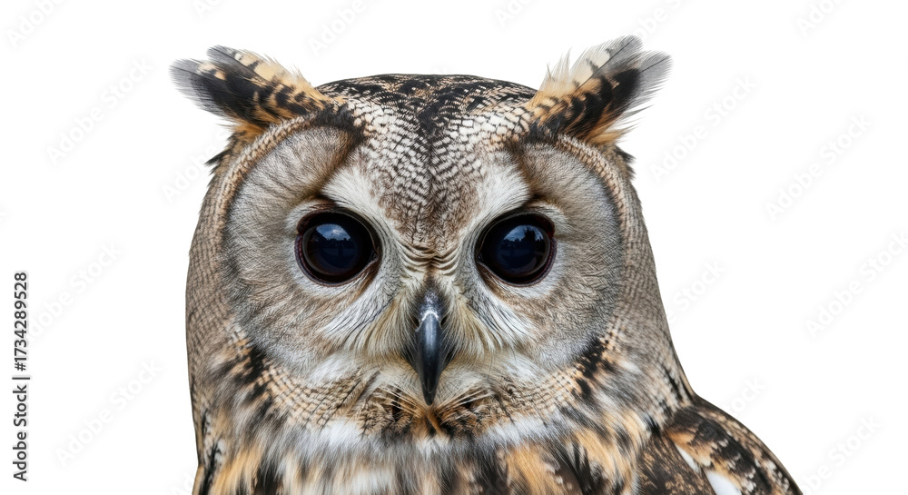 Fototapeta premium Isolated long-eared owl looking straight into camera with cute expression for use in ads