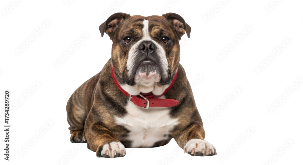 Obraz premium Isolated bulldog lying down, wearing a red collar, and posing for camera in studio