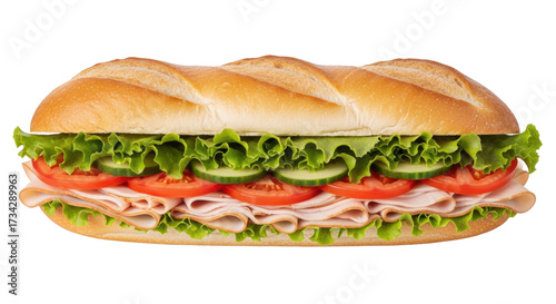 Tableau sur toile Isolated submarine sandwich with lettuce, tomato and cucumber on a long bread ro