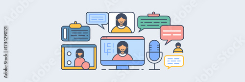 Vector icon sheet of teacher with whiteboard, video call, and microphone