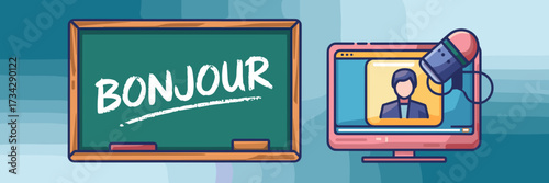 Vector icon sheet of chalkboard, computer call, and microphone on stand