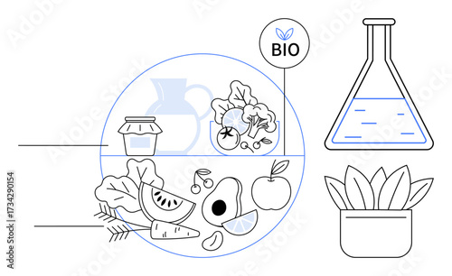 Fresh fruits, vegetables, jar, flask with liquid, potted plant, BIO label promoting sustainability. Ideal for health, nutrition, organic farming eco-friendly living food science biotechnology