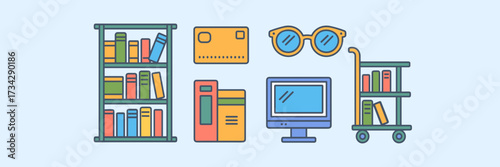 Vector icon sheet of librarian tools: bookshelves – Great for library organization, education branding, or school icons