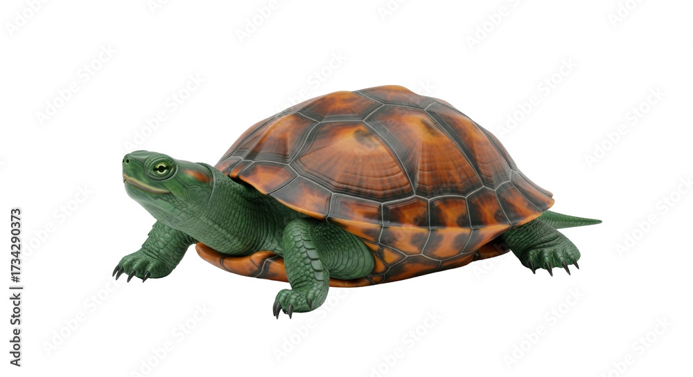 Fototapeta premium Isolated Green and Brown Turtle on Plain Backdrop, Animal, Reptile, Wildlife, Exotic Nature