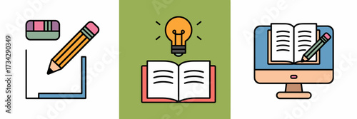 Vector icon sheet with pencil, book, and computer icons for tutoring – Suitable for private tutoring, homework assistance, or e-learning resources