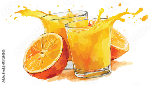 Vibrant Watercolor Illustration of Fresh Orange Juice Splash Concept
