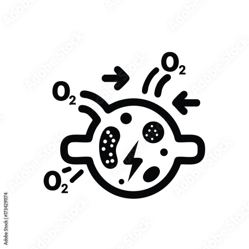 Simplified representing cellular respiration process with oxygen intake and energy production symbols