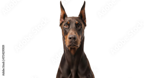 Fotografía Isolated Doberman Pinscher head shot, cropped portrait, alert watchful dog looki