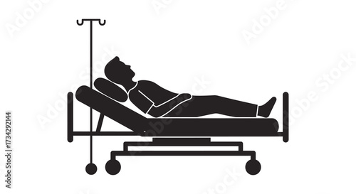 Patient lying in hospital bed with iv drip graphic silhouette