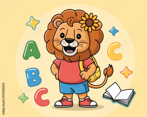 Playful Lion Cub with Alphabet Books A Cheerful Vector Illustration