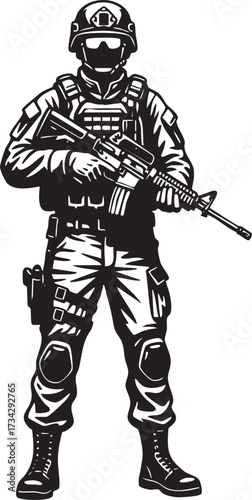 Special forces soldier with rifle – monochrome vector silhouette