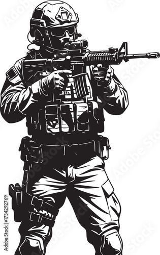Black and White Illustration of a Tactical Soldier Holding an Assault Rifle