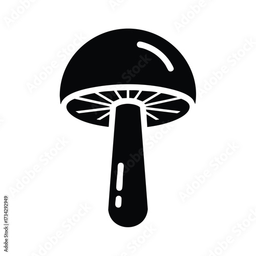 Minimalist black and white silhouette of a mushroom with detailed gills and stem, emphasizing simple natural fungal shape
