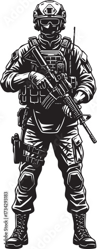 Black and White Vector Illustration of a Soldier in Tactical Gear with Rifle, Detailed Line Art