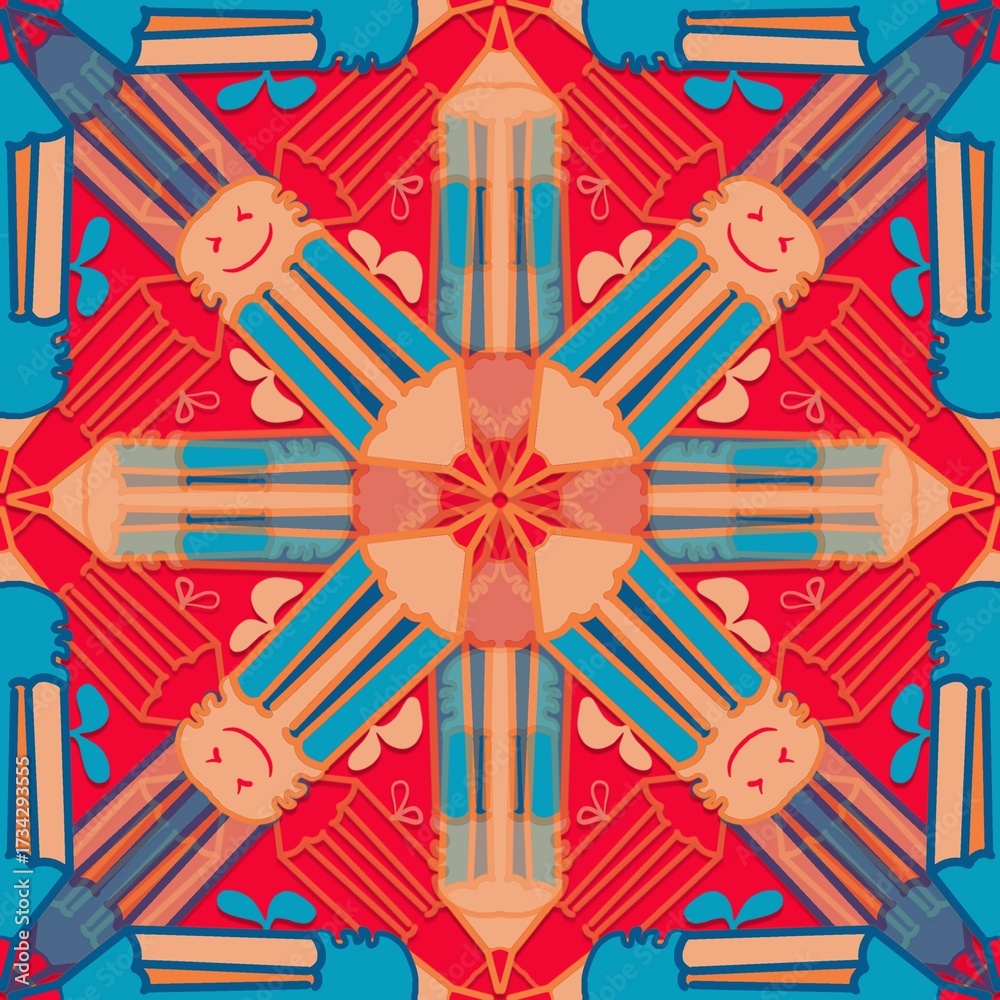Obraz premium seamless pattern with christmas bells,orange, blue curves,painted create to flower shape,leaves with red background in geometric patterns as sarong,fabric,tile,printed fabric,batik,tablecloth patterns