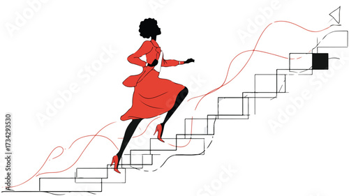 Ambitious Woman Climbing Staircase While Drawing - Professional Multi-Tasking Concept