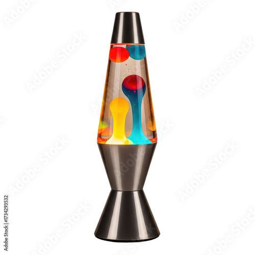 A retrostyle lava lamp with a brushed metal base and vibrant colorful wax blobs of red yellow and blue floating inside.