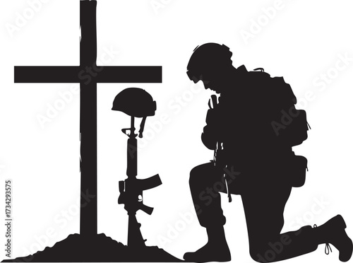 Soldier Kneeling in Prayer Beside Cross and Fallen Comrade – Black Silhouette Vector Illustration