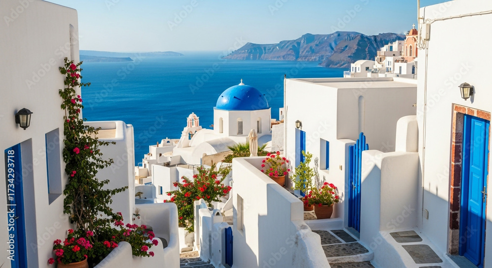Fototapeta premium Vibrant Santorini village with stunning blue domes, whitewashed buildings, and Aegean Sea views, perfect for travel brochures