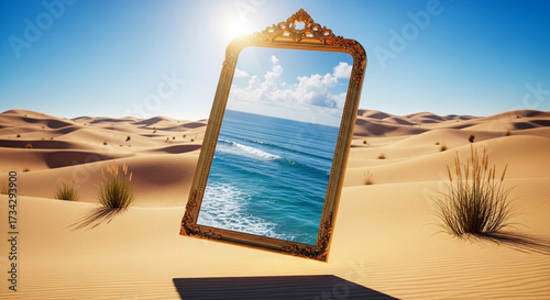 Stunning desert landscape with a vintage mirror reflecting the serene ocean waves under a vibrant blue sky