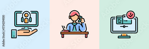 Vector icon sheet of remote support, help desk, and minimal software setup