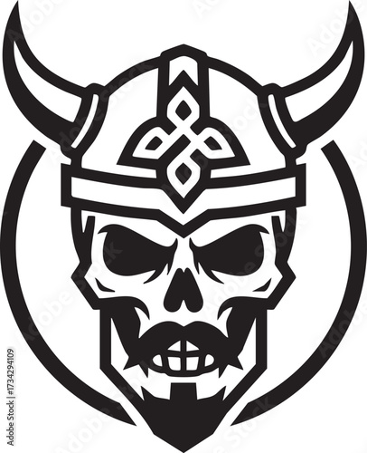 Viking Skull with Horned Helmet – Bold Black and White Logo Design