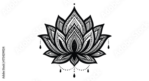 Intricate floral design of a lotus blossom detailed black and white silhouette