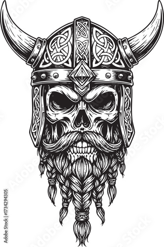 Detailed Viking Skull with Braided Beard and Horned Helmet – Intricate Black and White Illustration