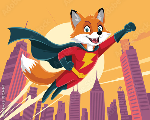 A brave superhero fox with a flowing cape flying heroically over a city at sunset