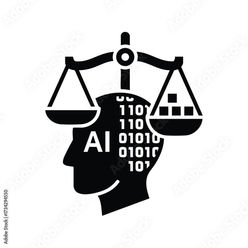 Concept of Artificial Intelligence and Justice with a Human Head Silhouette and Balance Scale Symbolizing Fairness