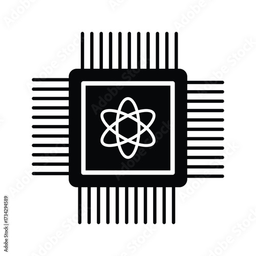 Quantum computing icon featuring atom symbol within a microchip design concept vector