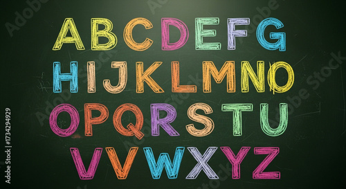Vibrant chalk alphabet letters brightly colored on a classic green blackboard, perfect for educational and creative projects.