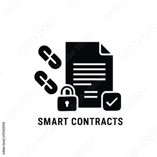 Digital smart contracts concept with document, lock, chain, and checkmark symbols representing security and automation