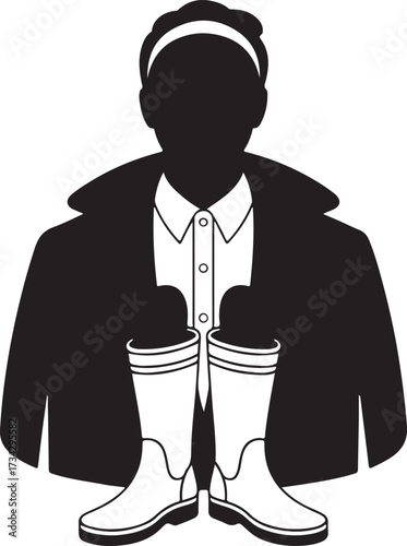 Black silhouette of a person wearing a raincoat and holding boots head shoulders