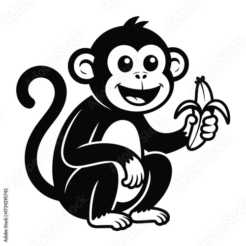 Cute cartoon monkey holding a banana with a happy expression