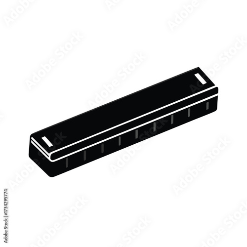 Black silhouette of a musical harmonica on a clean white background