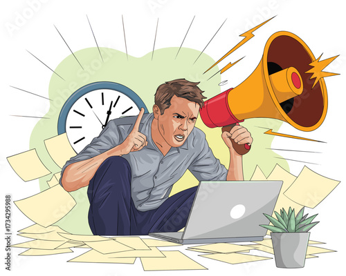 Frustrated Man Shouting into Megaphone at Laptop with Overwhelming Paperwork