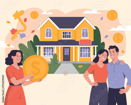 Happy Couple Acquiring Dream Home Vector Illustration