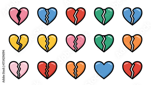 Flat Style Broken Heart Icons Set for Emotional Design