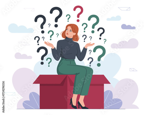 Puzzled Woman Emerging from a Box Surrounded by Question Marks - Uncertainty