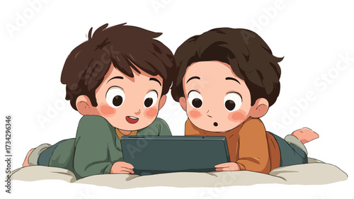 Close Brothers Using Digital Tablet Together while Lying Down