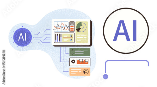 AI module connected to data charts and graphs, visualizing technology-driven analytics and insights. Ideal for artificial intelligence, data science, automation, technology, innovation, digital
