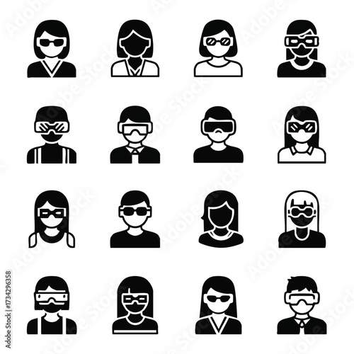 Collection of diverse silhouettes of people wearing various styles of glasses and accessories in a monochrome design