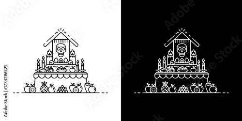 Day of the Dead Mexican altar design, isolated vector image, two design options on transparent and black backgrounds, pencil drawing, chalk drawing
