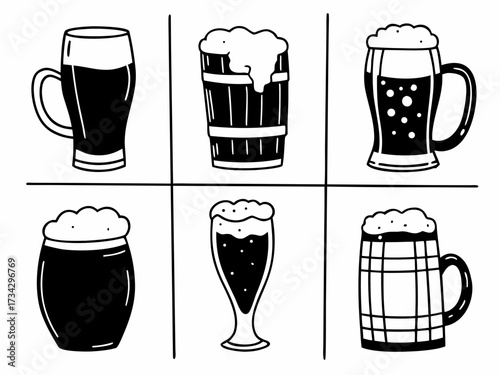 Icon set beer on glass in handdrawn vector