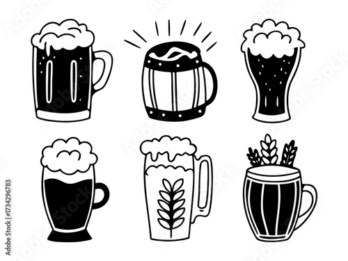 set of beer mugs vintage handdrawn 