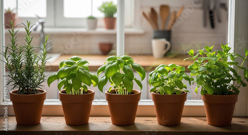 Fresh Potted Herbs on Kitchen Windowsill with Rosemary, Basil, and Mint