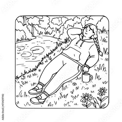plus size woman lying grass - Young woman relaxing by the pond while sipping from a cup  
