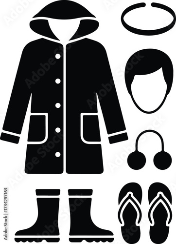 Black silhouette icons of rain gear and accessories on a white background raincoat hood